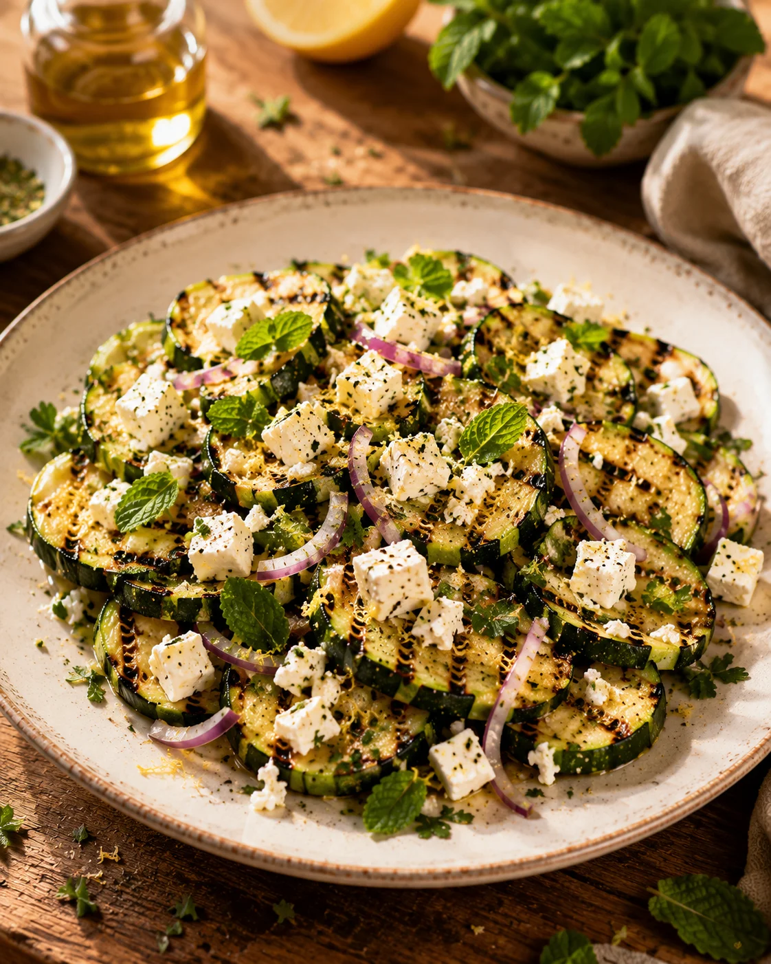 Salade Courgettes Grillées Feta Citron servie dans un grand plat blanc avec herbes fraîches
