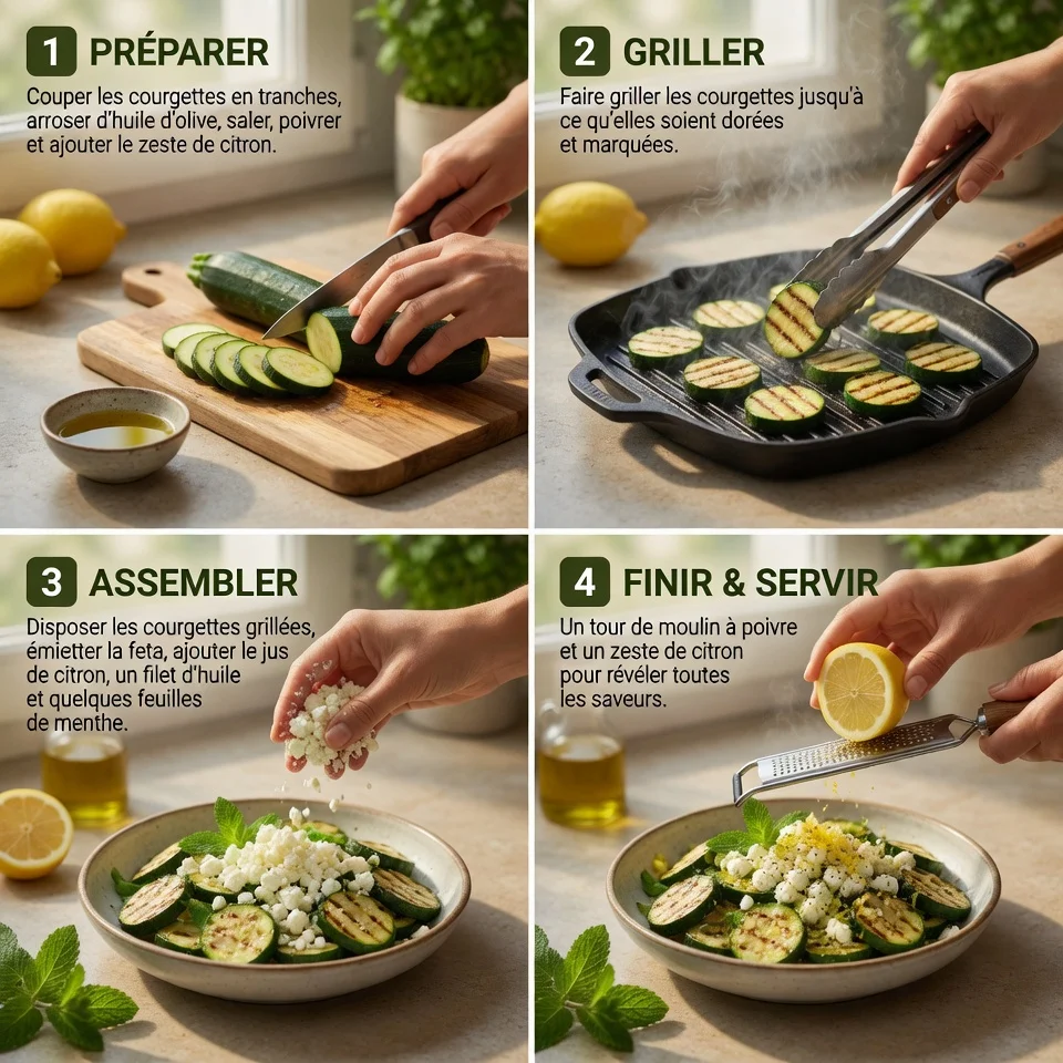 Étapes de préparation de la Salade Courgettes Grillées Feta Citron sur une planche en bois