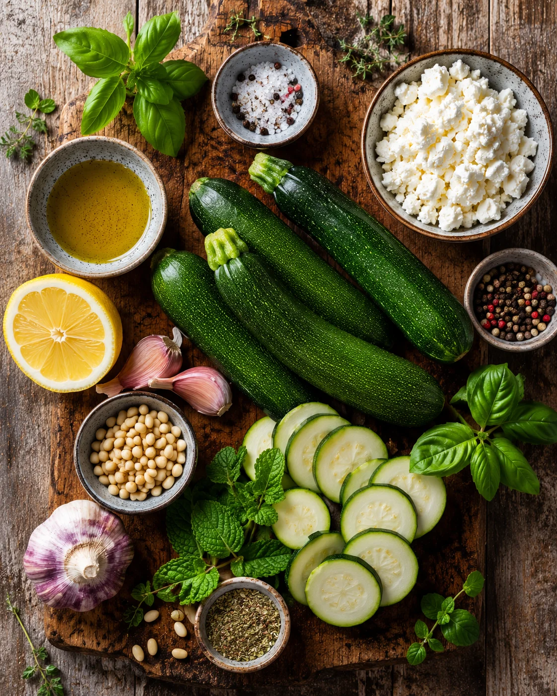 Ingrédients pour la Salade Courgettes Grillées Feta disposés sur une planche en bois