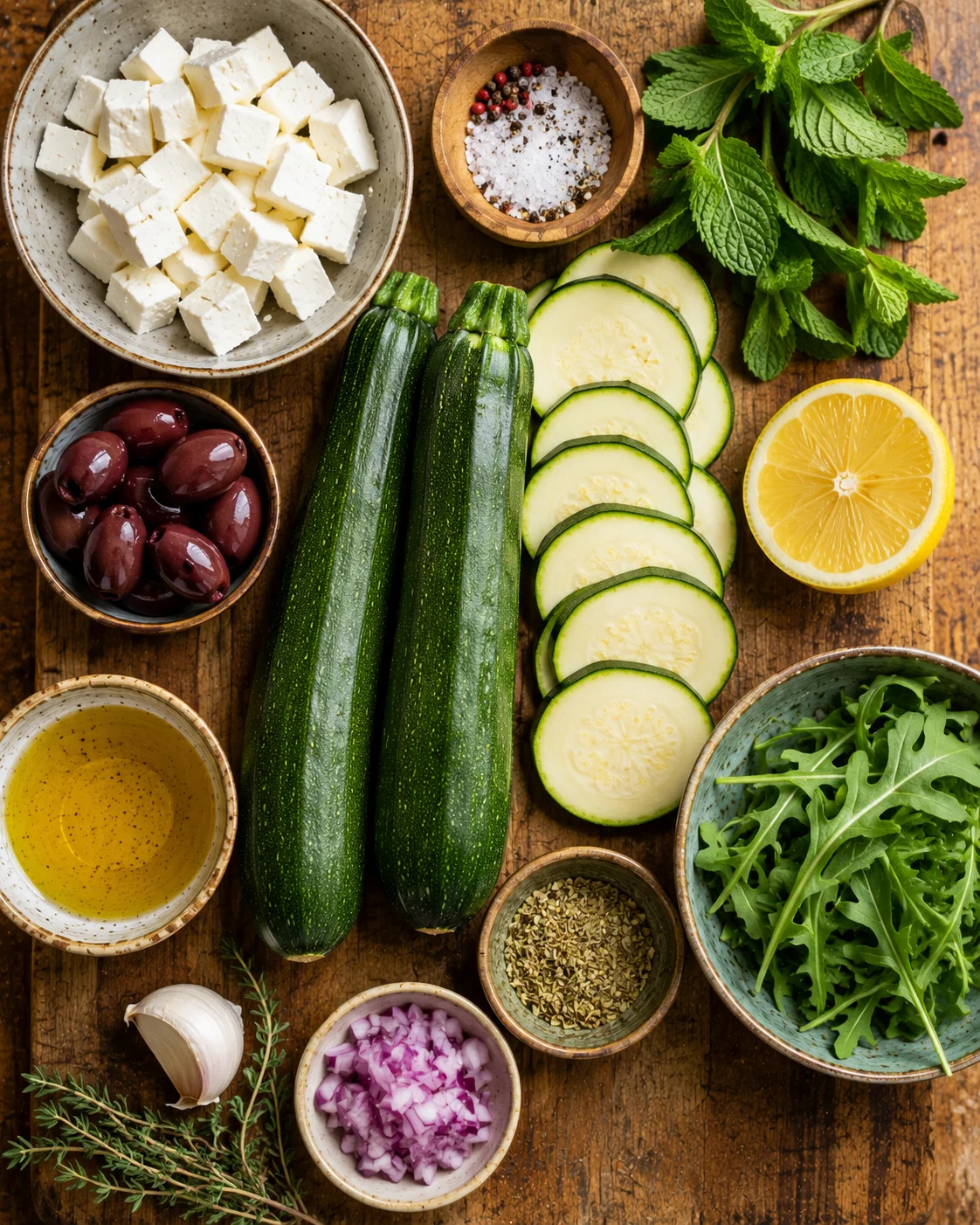 Ingrédients de la Salade Courgettes Grillées Feta disposés sur une table en bois