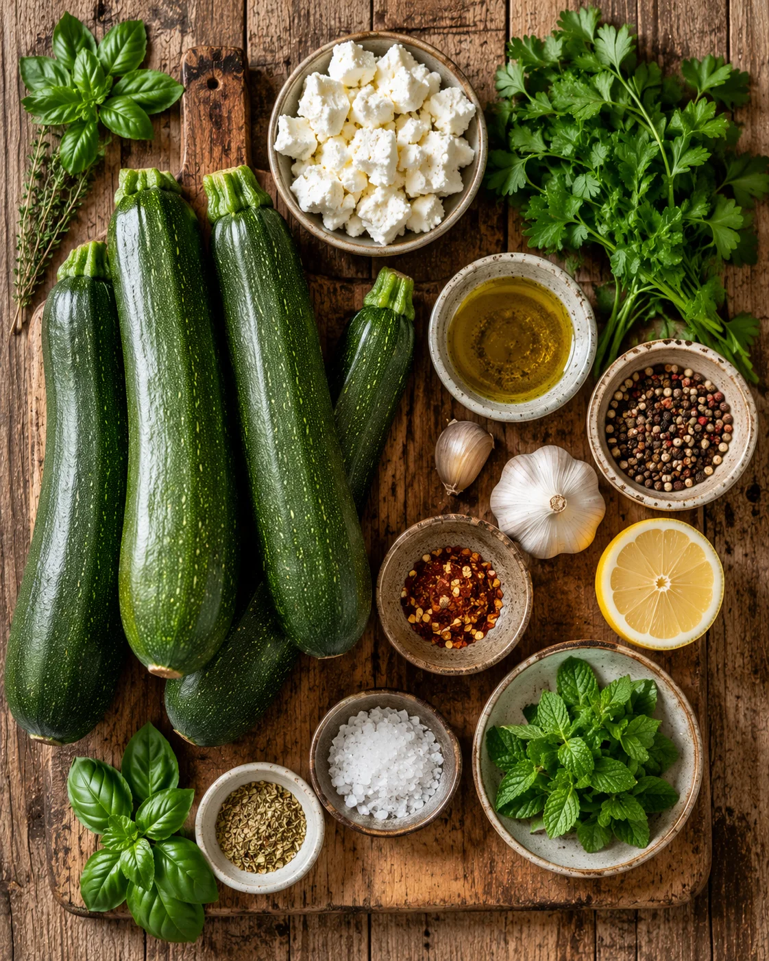 Ingrédients de la Salade Courgettes Grillées Feta disposés sur une table en bois