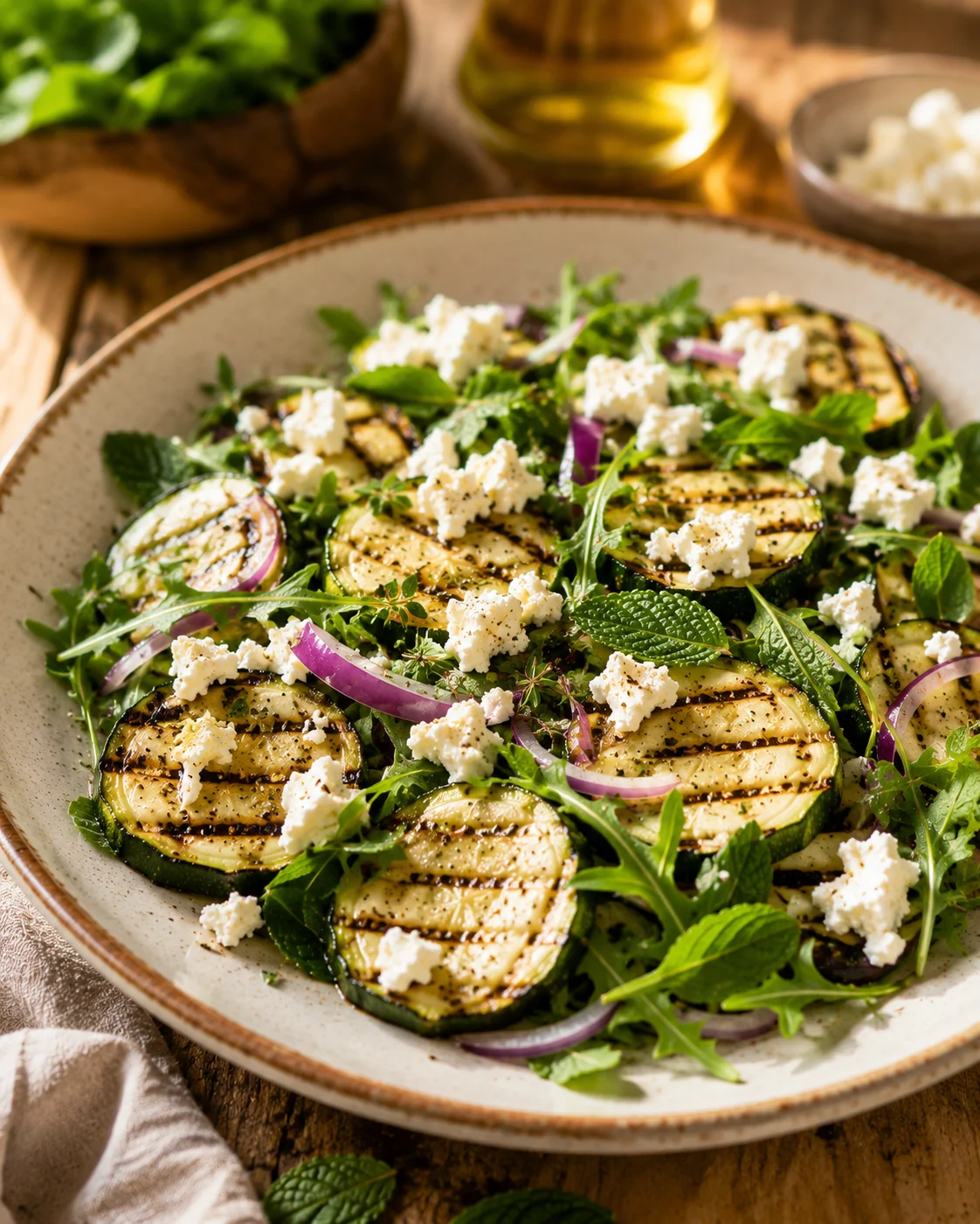 Salade Courgettes Grillées Feta servie dans un plat en céramique avec menthe fraîche