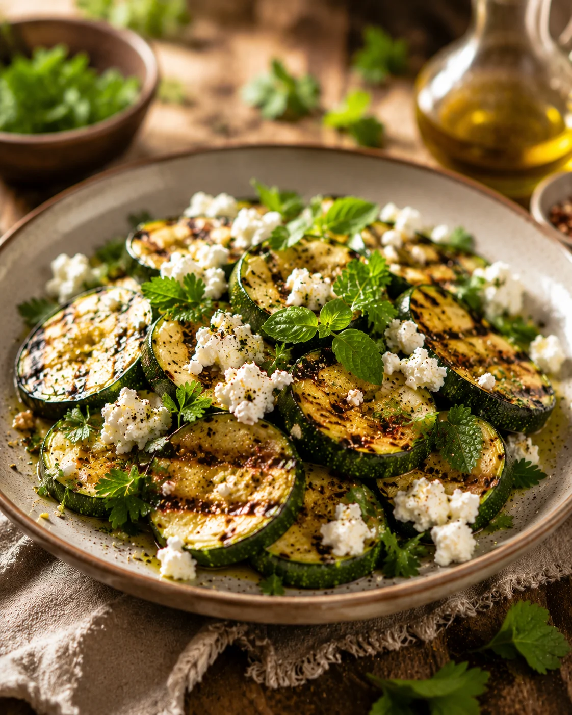 Salade Courgettes Grillées Feta dressée dans un plat de service avec herbes fraîches