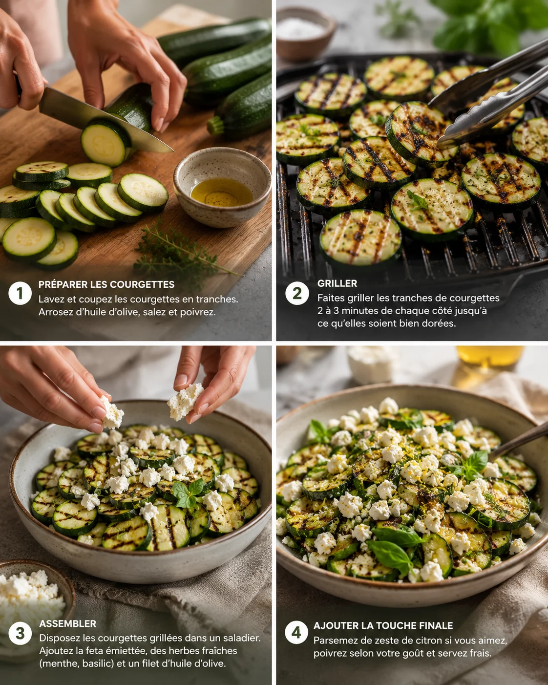 Salade Courgettes Grillées Feta étape par étape sur une planche rustique