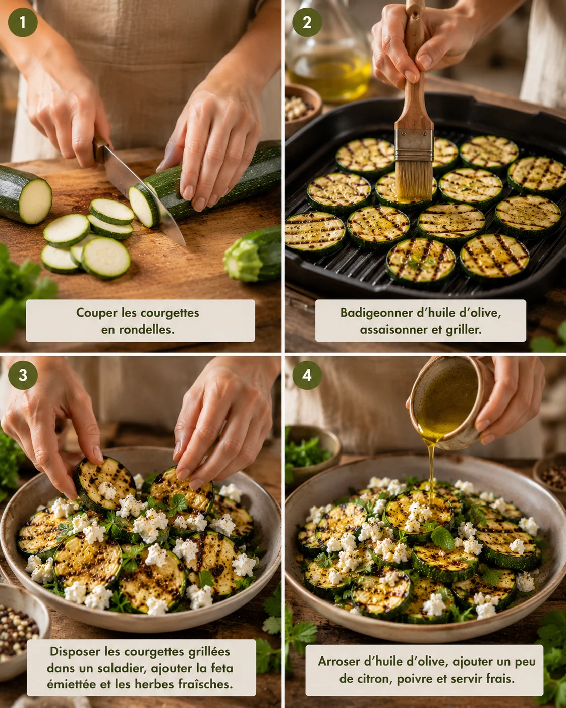 Salade Courgettes Grillées Feta étapes de préparation sur planche en bois