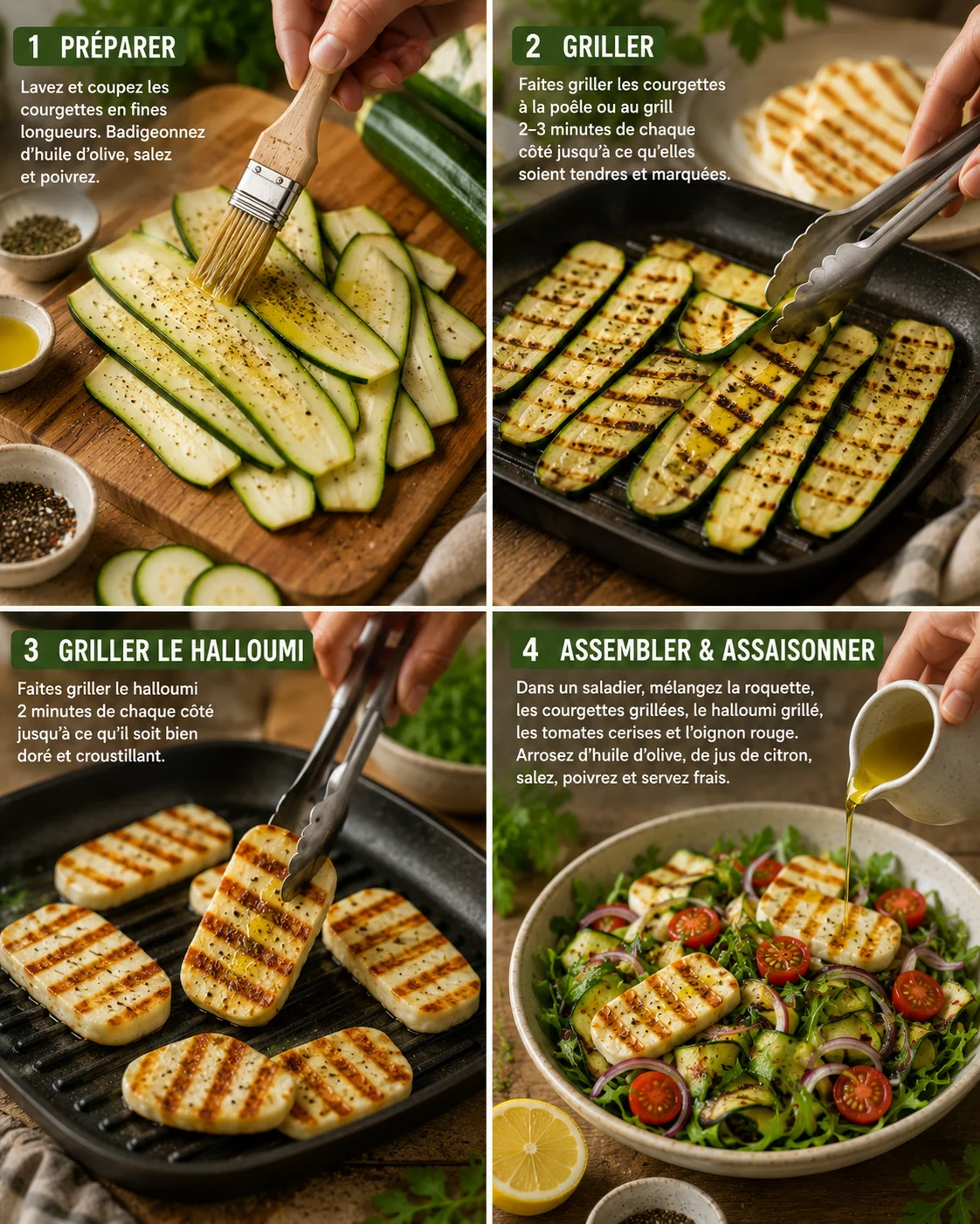 Salade courgettes grillées et halloumi étapes de préparation sur une planche en bois
