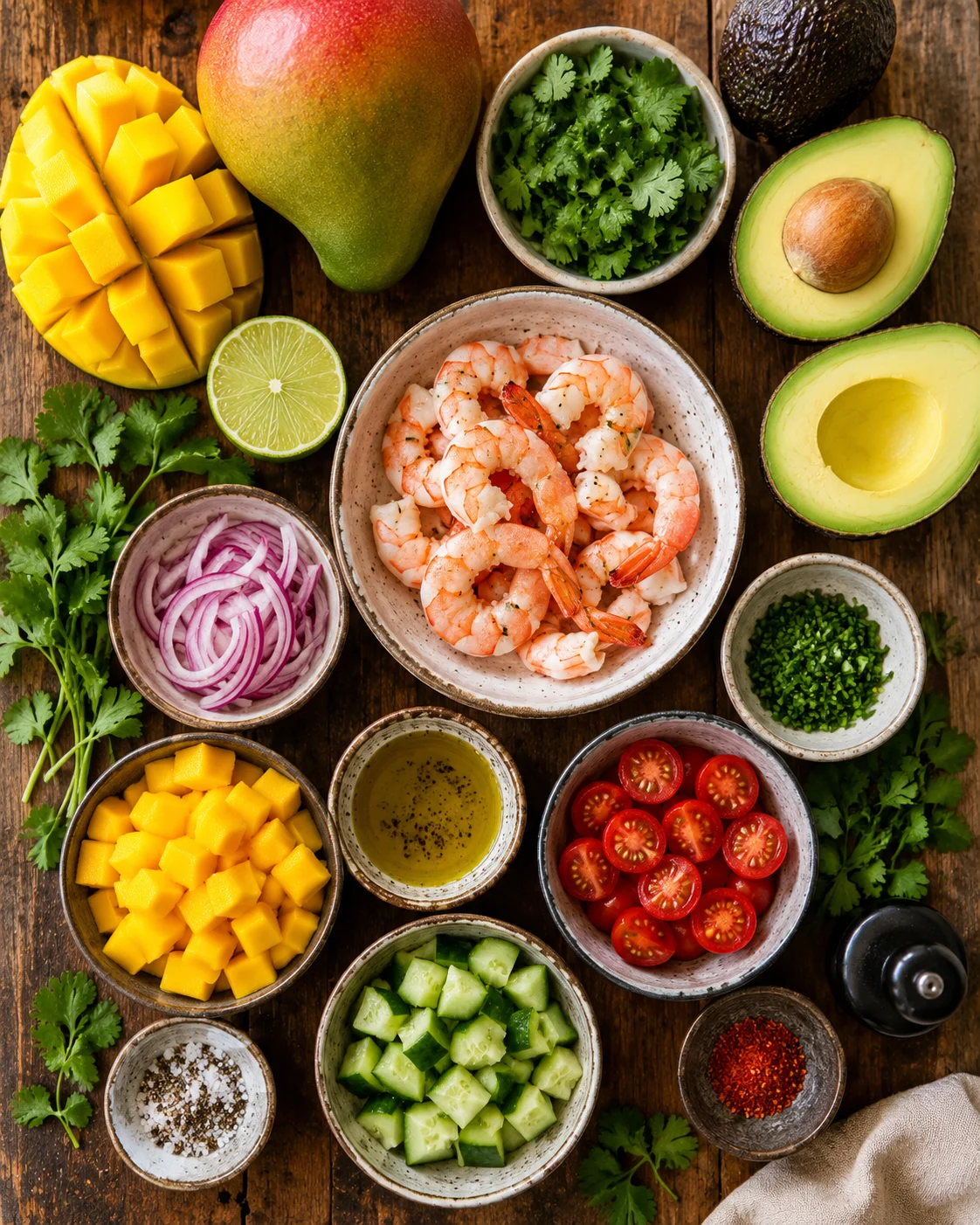 Ingrédients de la salade crevettes mangue avocat disposés sur un plan de travail en bois