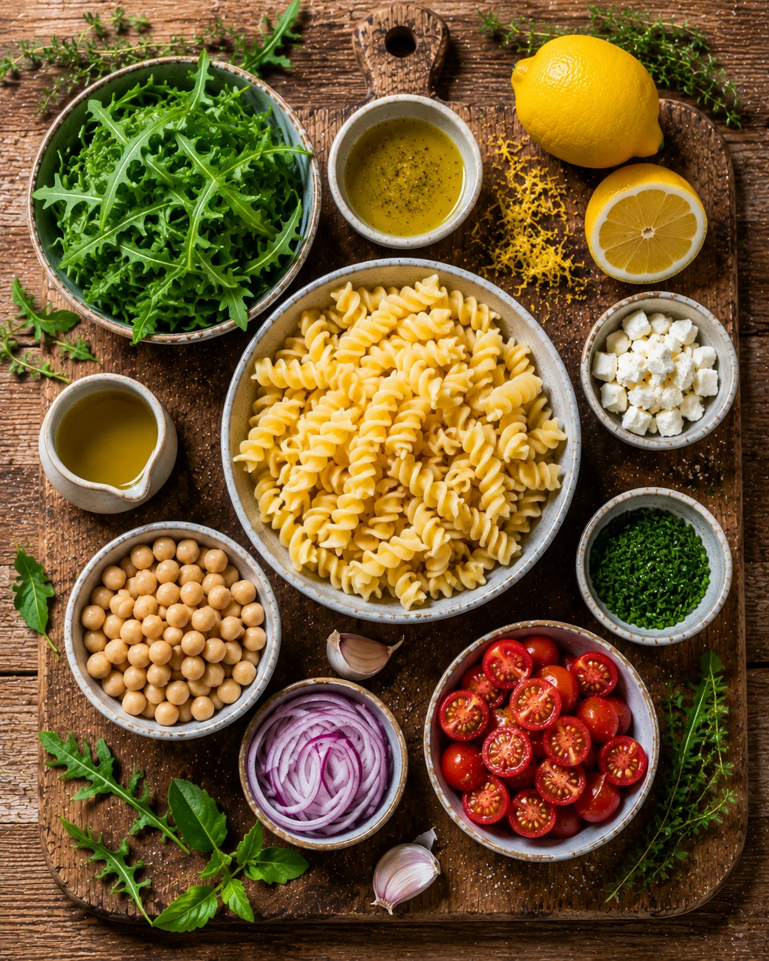 Ingrédients pour une Salade de Pâtes au Citron disposés sur une table en bois