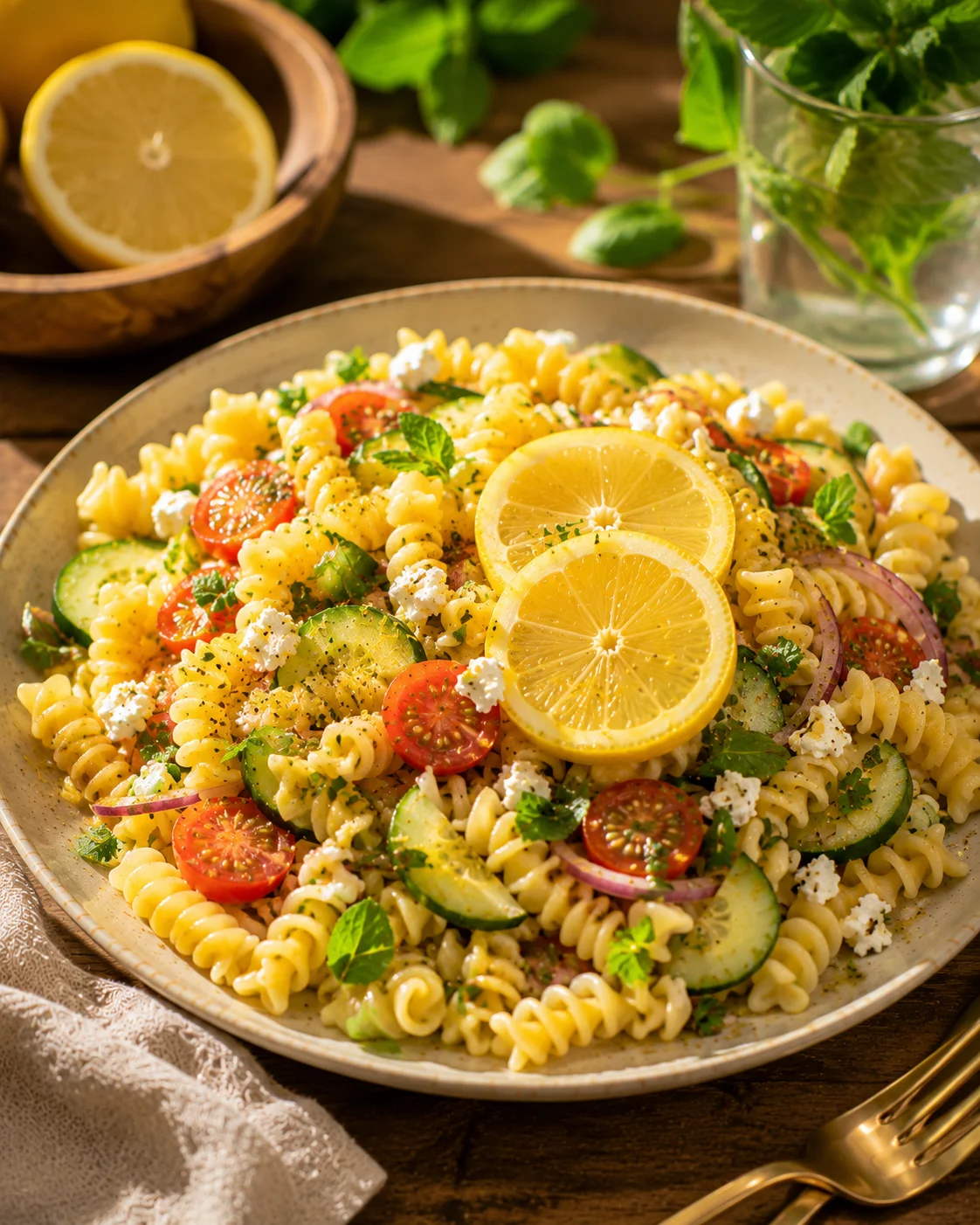 Salade de Pâtes au Citron servie dans un grand bol blanc avec quartiers de citron