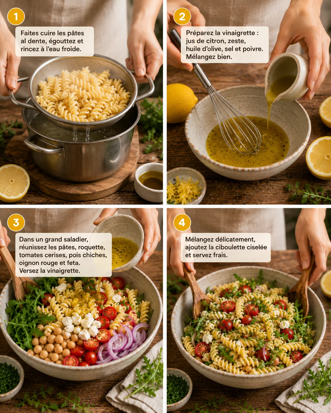 Étapes de préparation d'une Salade de Pâtes au Citron avec légumes frais