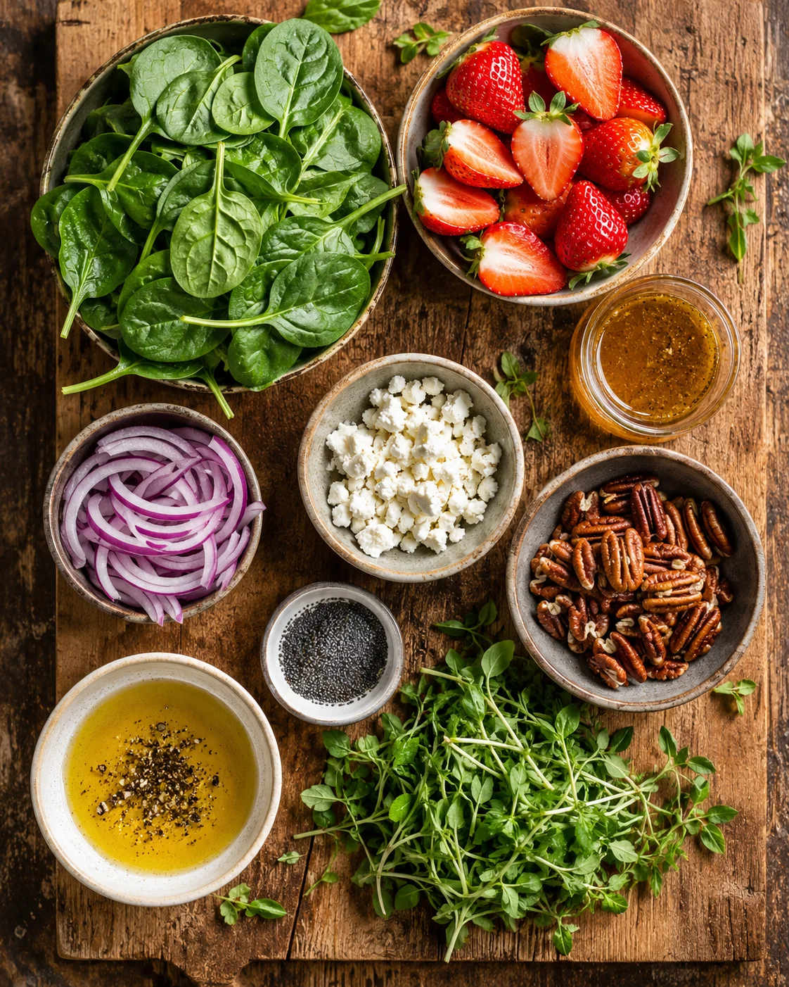 Ingrédients pour préparer une salade épinards fraises fraîche