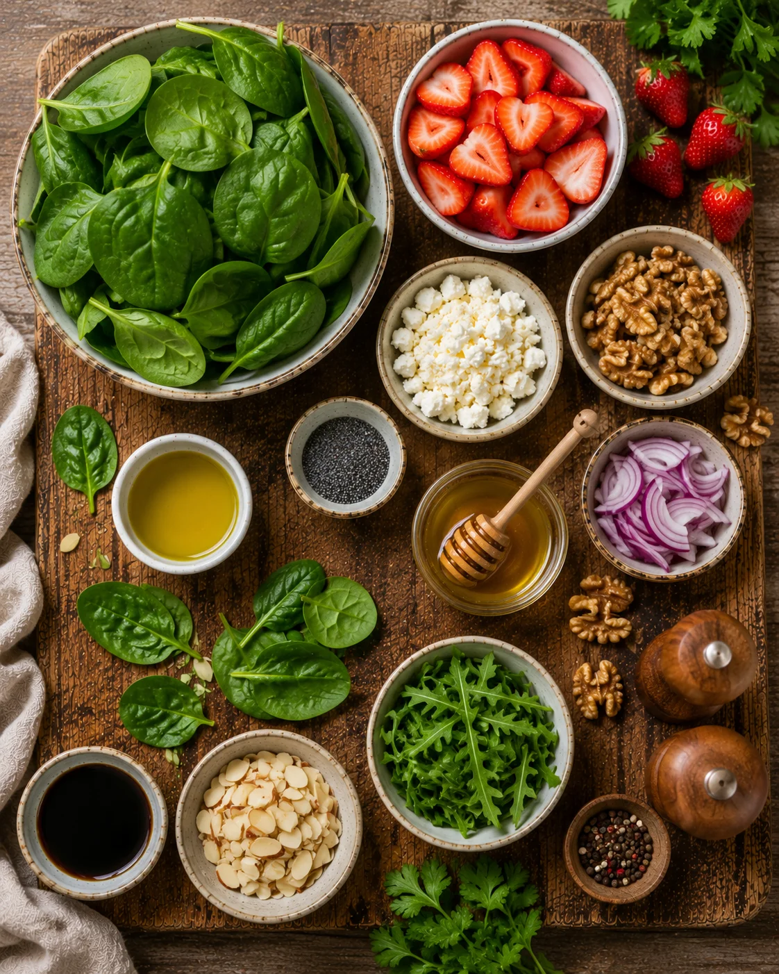 🥗 Salade Épinards Fraises & Noix ingrédients disposés sur un plan de travail en bois