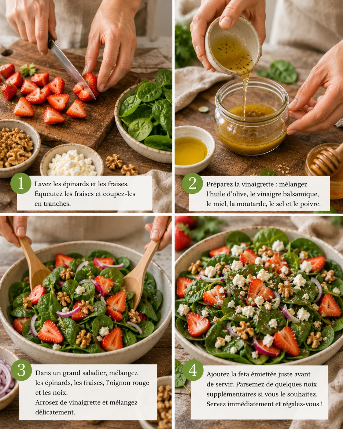 🥗 Salade Épinards Fraises & Noix étape par étape, assemblage dans un saladier en verre