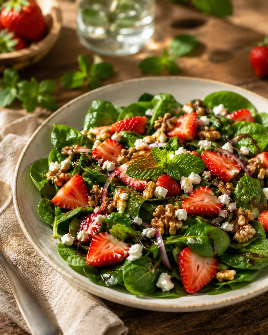 Salade Épinards Fraises servie dans un beau saladier avec vinaigrette balsamique et fromage de chèvre