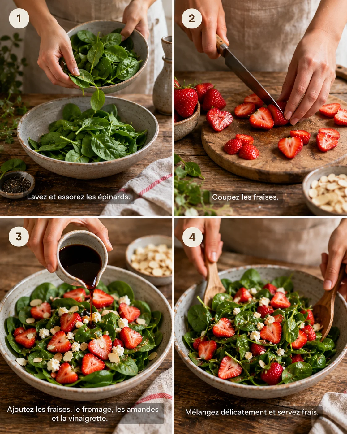 Préparation étape par étape d'une Salade Épinards Fraises avec vinaigrette balsamique