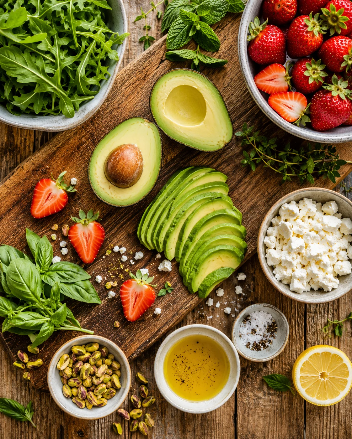 Ingrédients frais pour la Salade Fraises Avocat et Feta disposés sur une planche en bois