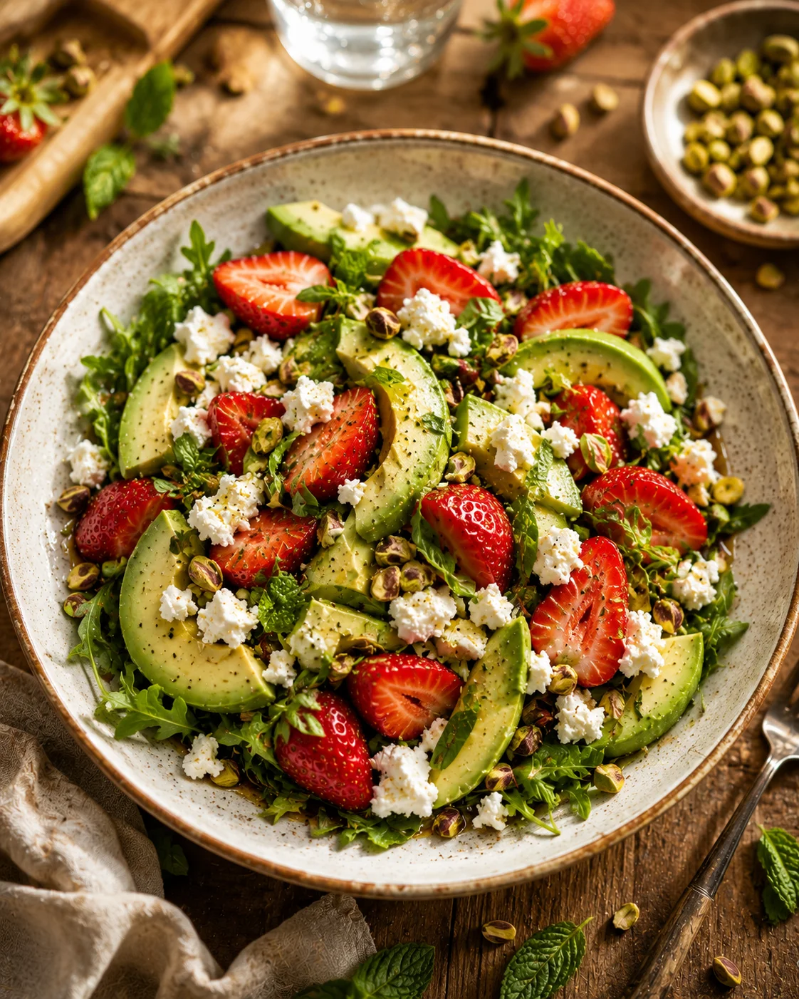 Salade Fraises Avocat et Feta dressée dans un bol blanc avec vinaigrette miel-citron