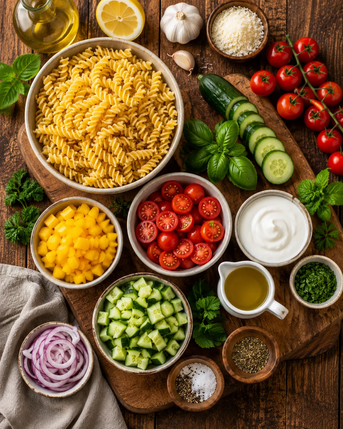 Ingrédients pour la Salade Fusilli Crémeuse Été disposés sur une table en bois