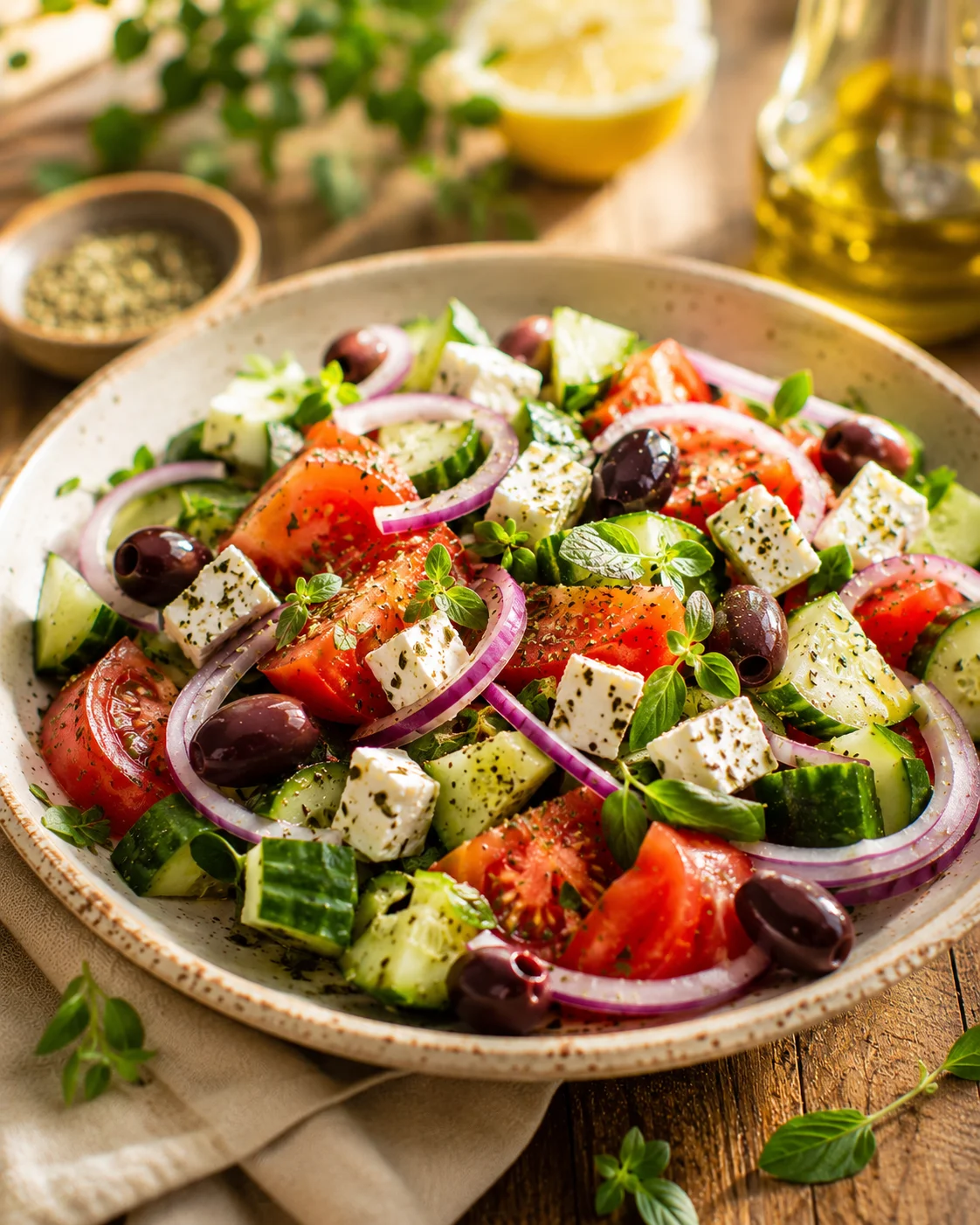 Salade grecque fraîcheur servie dans un grand bol en céramique blanche avec feta entière