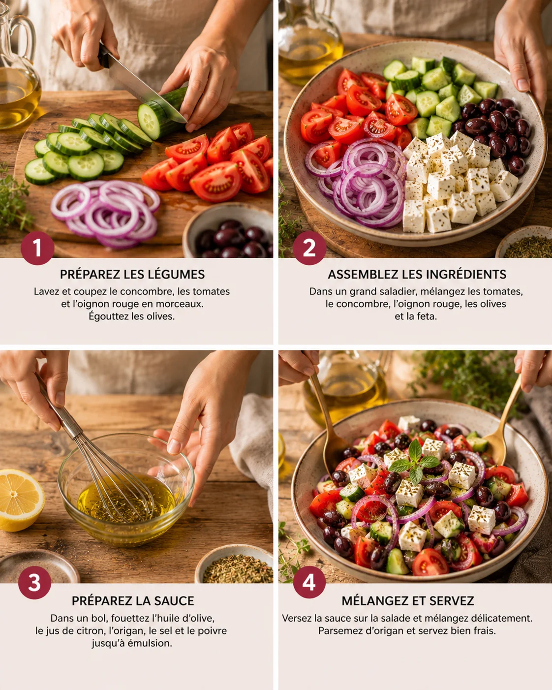 Préparation étape par étape de la Salade Grecque Fraîcheur avec découpe des légumes