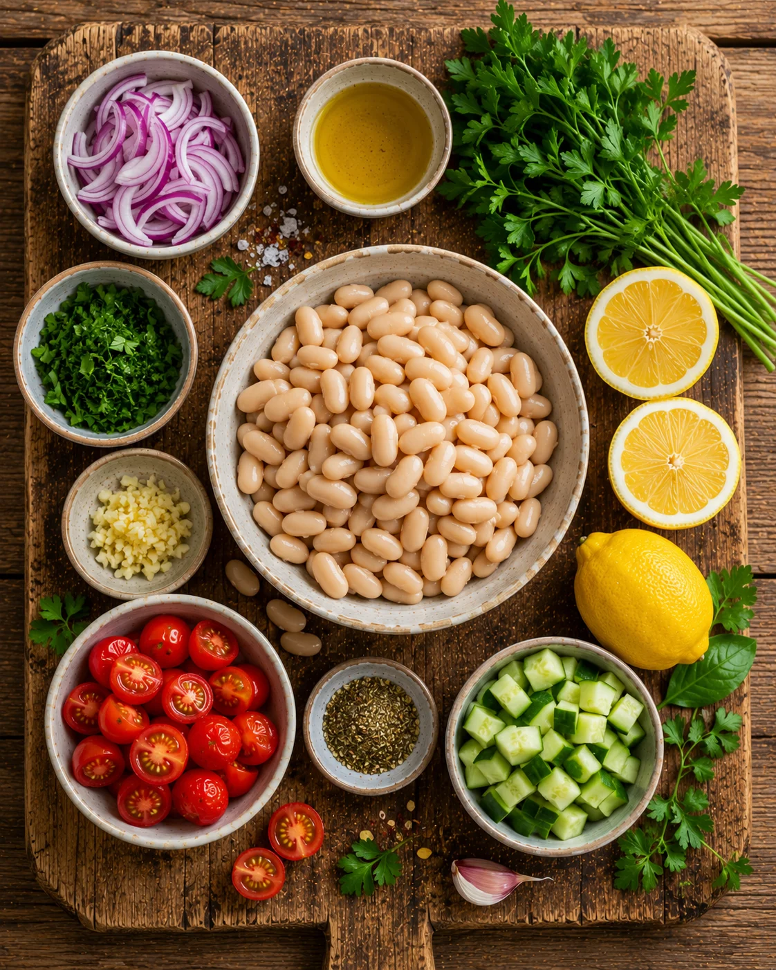 Ingrédients de la Salade Haricots Blancs Citron disposés sur une table en bois