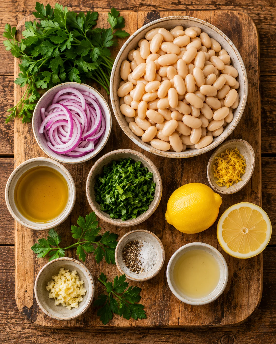Ingrédients de la salade haricots blancs citron disposés sur une table en bois