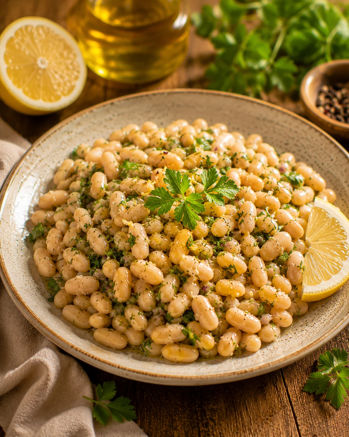 Salade Haricots Blancs Citron dressée dans un beau bol avec herbes fraîches