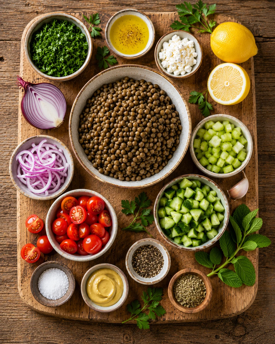 Ingrédients pour la salade lentilles citron disposés sur une table en bois