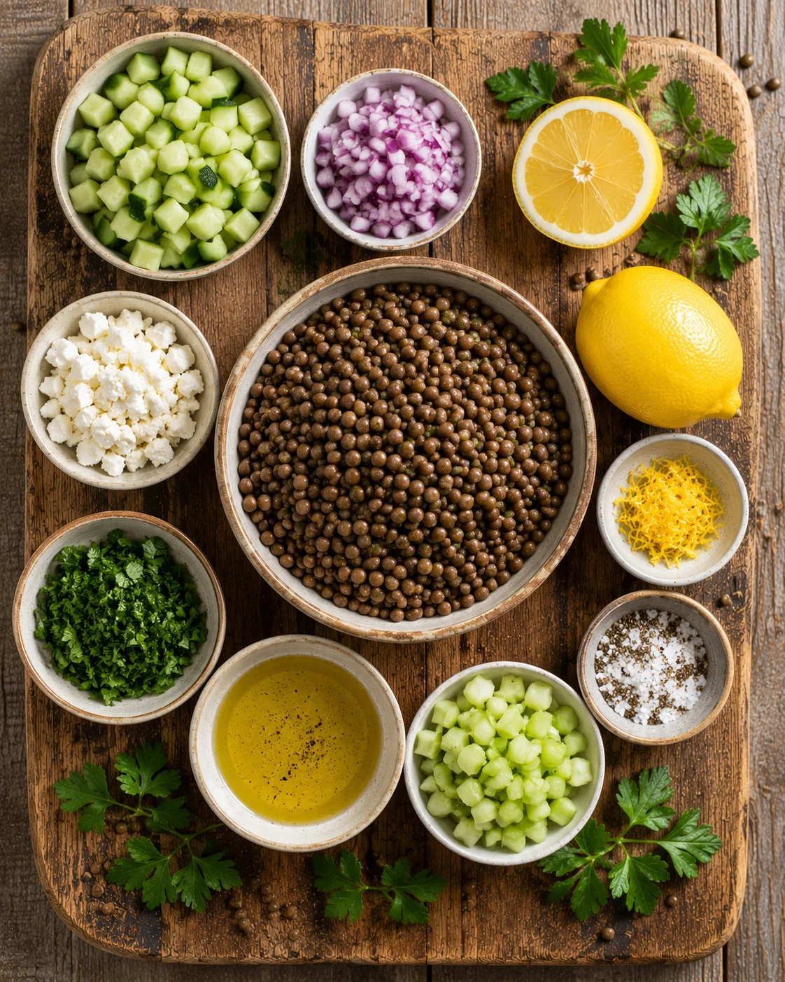 Salade Lentilles Citron ingrédients frais sur une table en bois