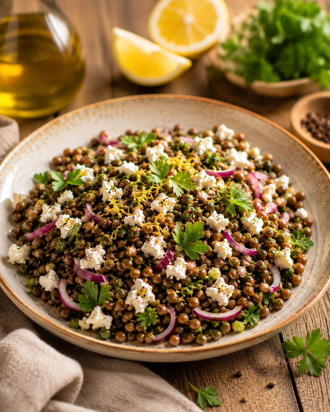 Salade lentilles citron servie dans un bol en céramique avec herbes fraîches