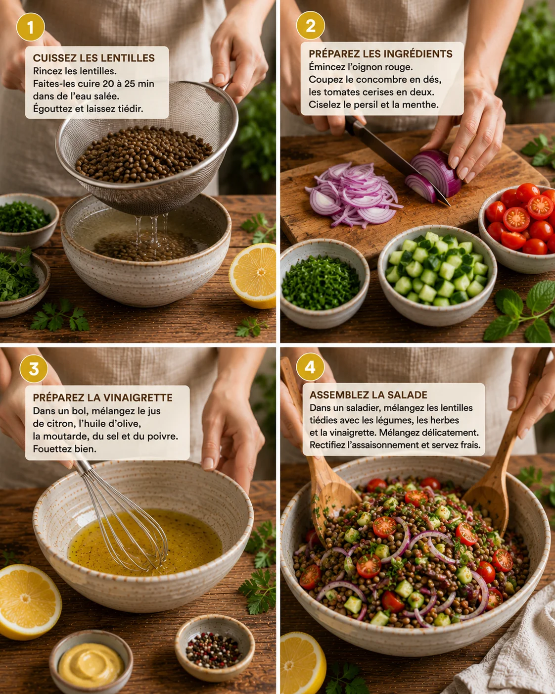 Salade lentilles citron étapes de préparation sur un plan de travail en bois