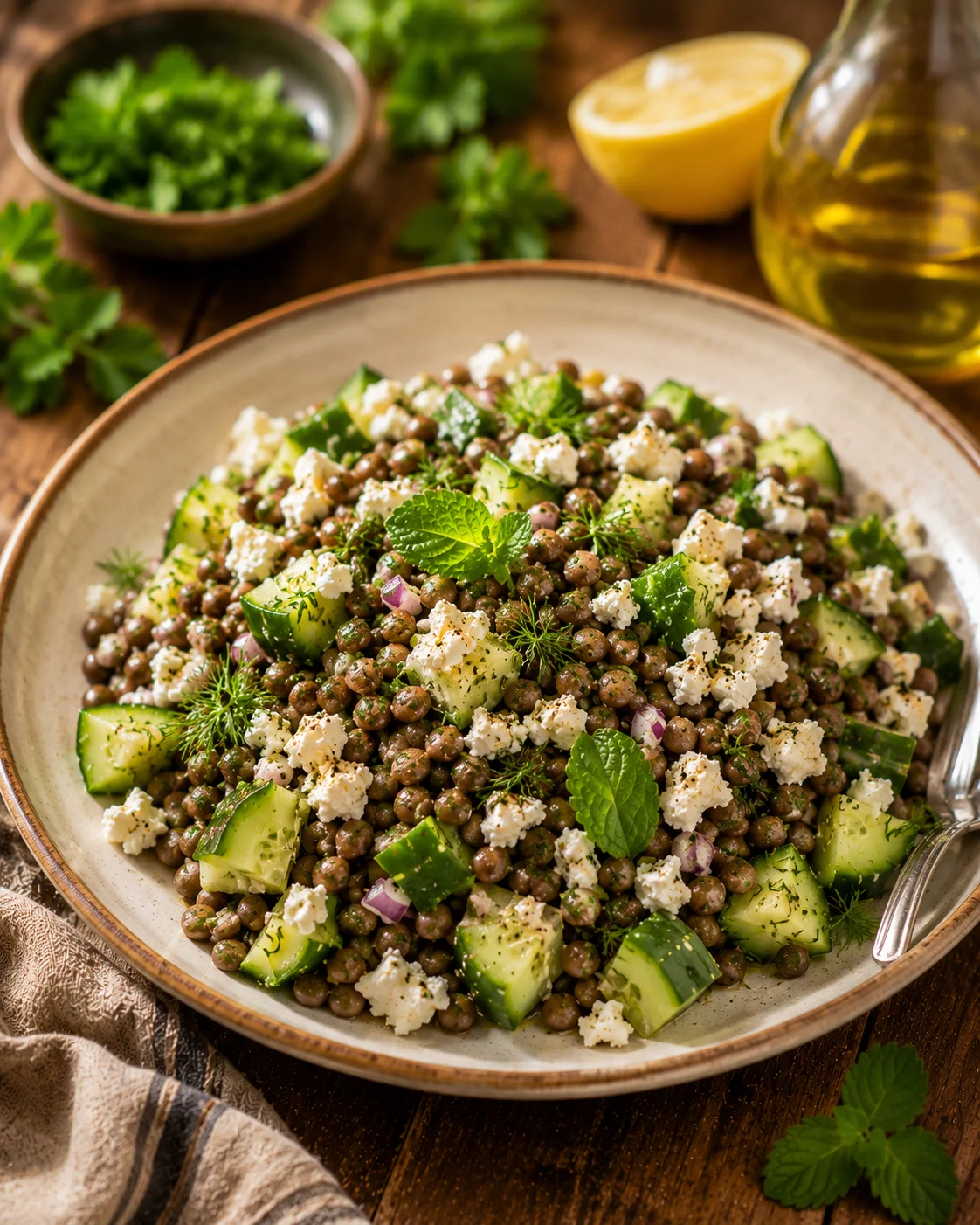 Salade Lentilles Concombre & Feta servie dans un beau bol avec herbes fraîches