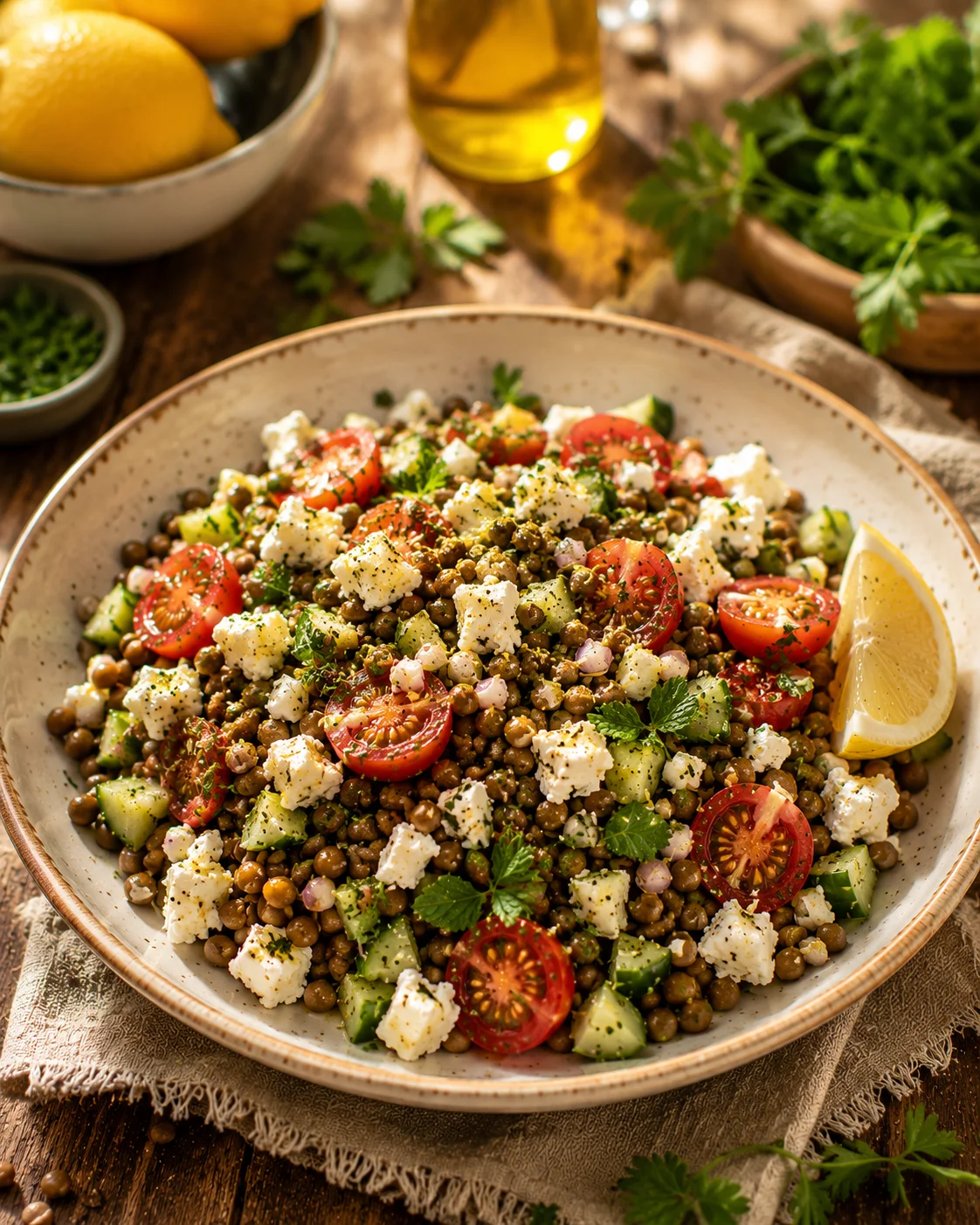 salade lentilles feta citron servie dans un bol avec herbes fraîches