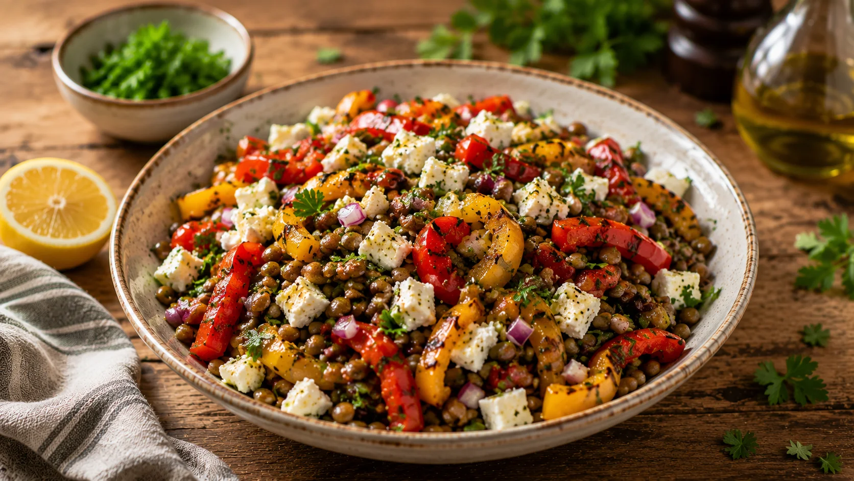 🥗 Salade Lentilles Feta & Poivrons Grillés recipe