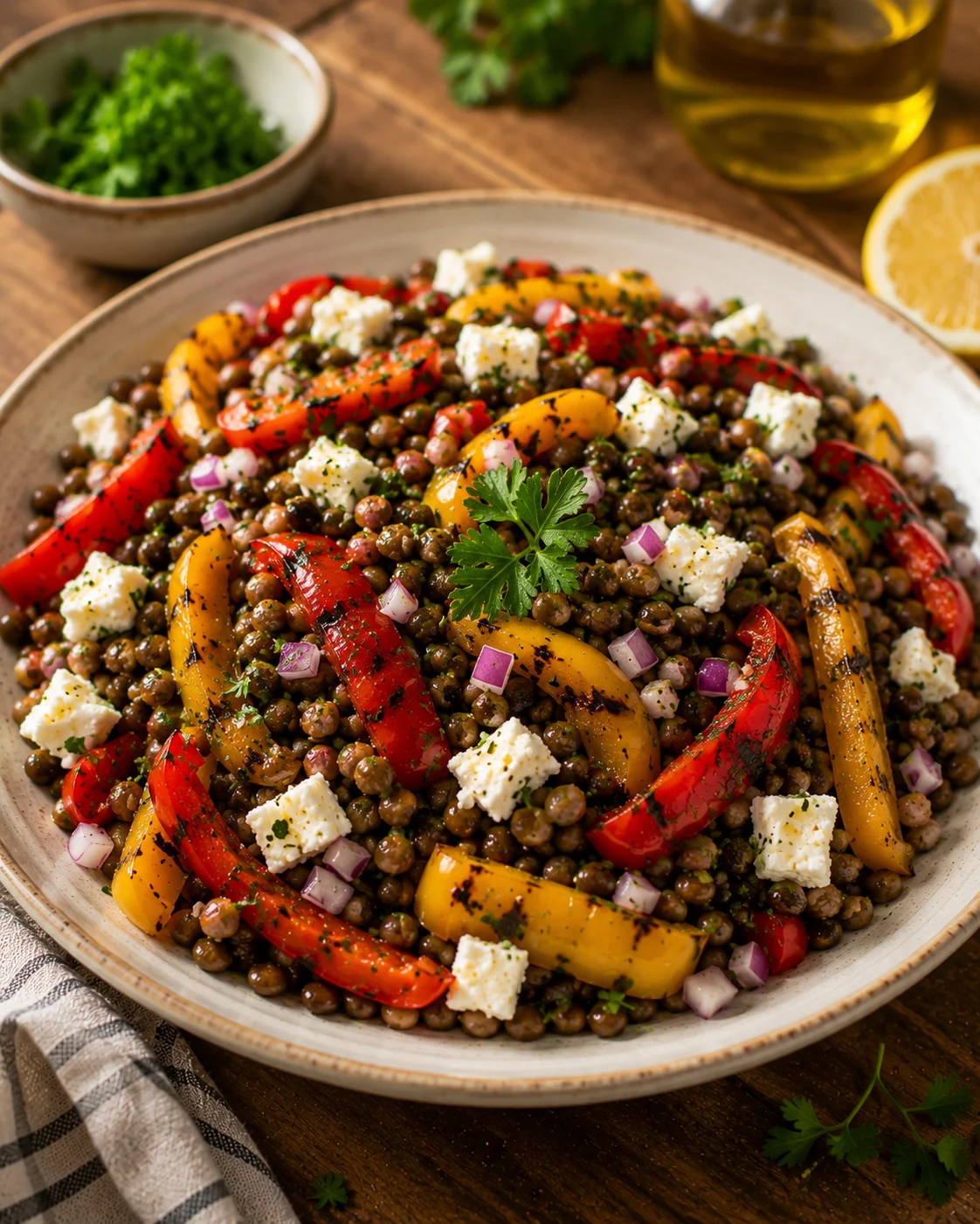🥗 Salade Lentilles Feta & Poivrons Grillés servie dans un bol