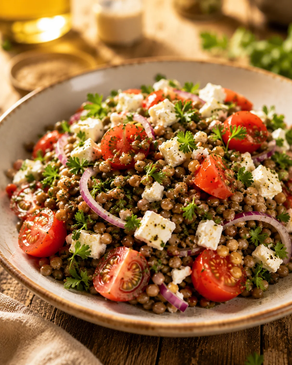 Salade Lentilles Feta Tomates servie dans un beau bol avec des herbes fraîches