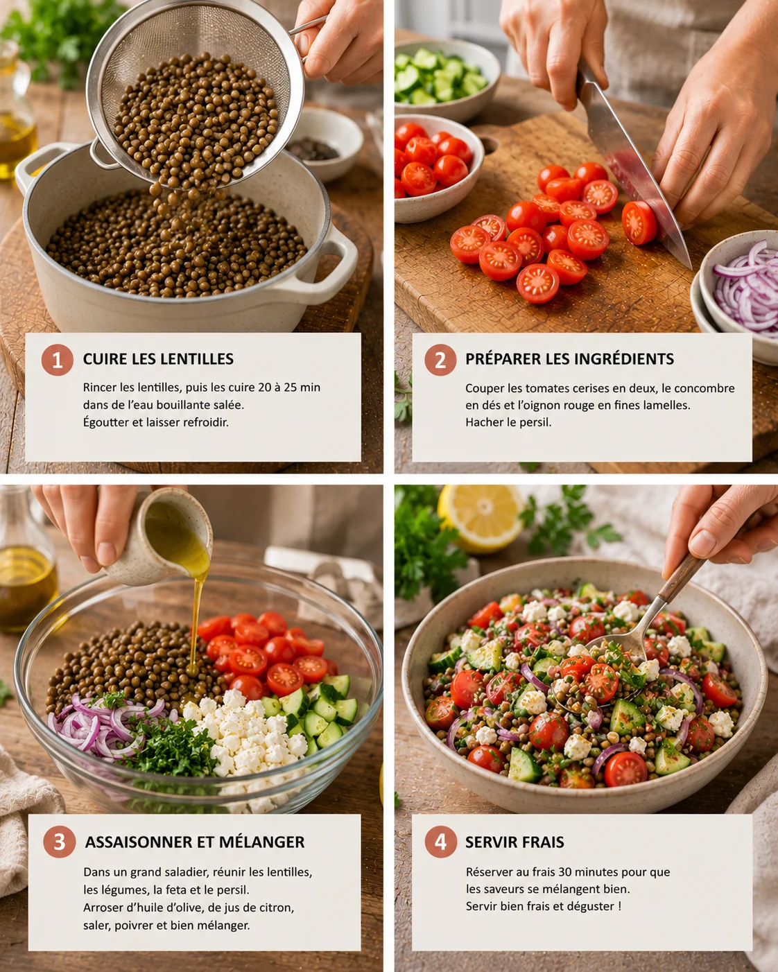 Salade Lentilles Feta Tomates step by step préparation étape par étape