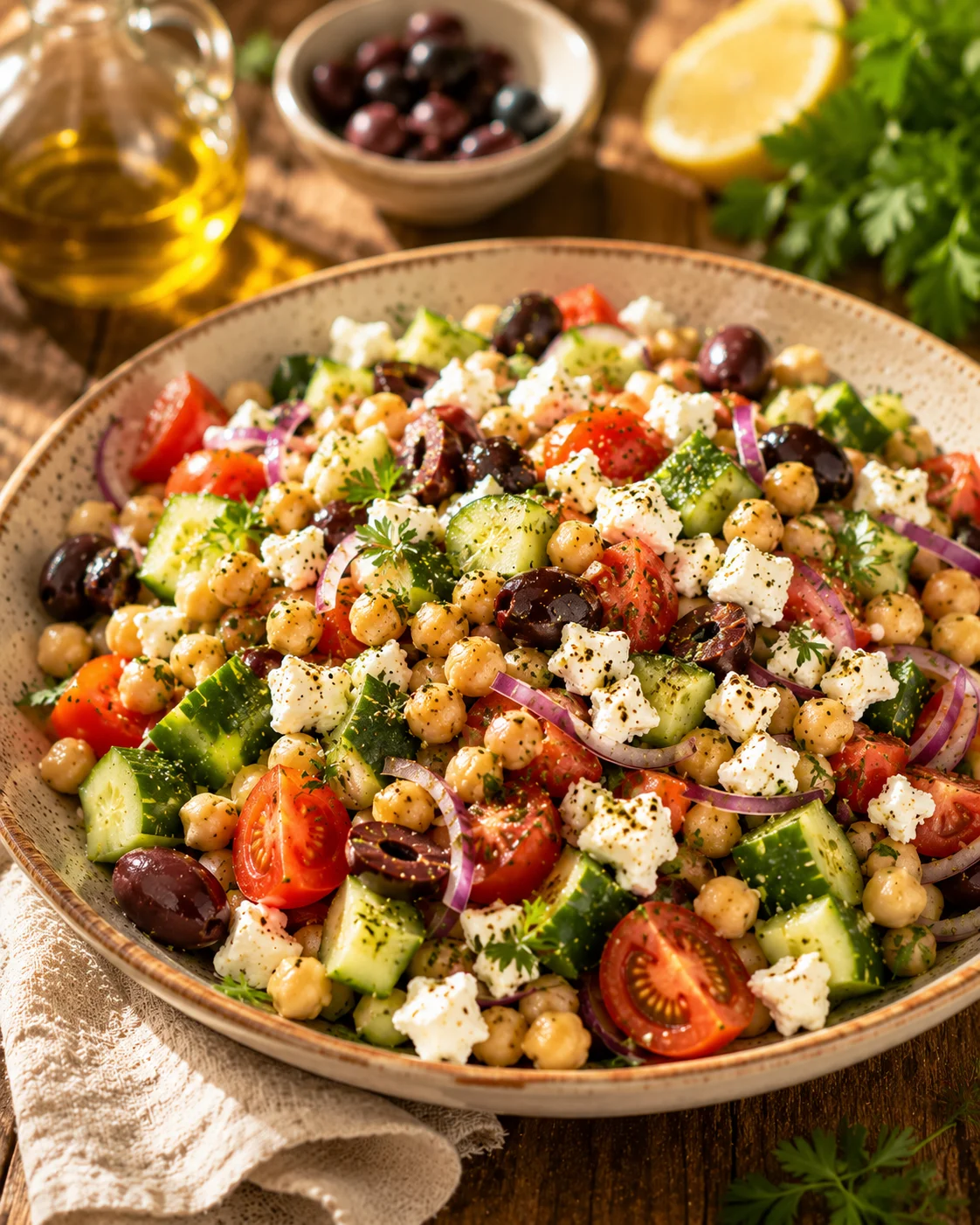 Salade Méditerranéenne Pois Chiches Feta & Concombre servie dans un bol blanc sur une table en bois