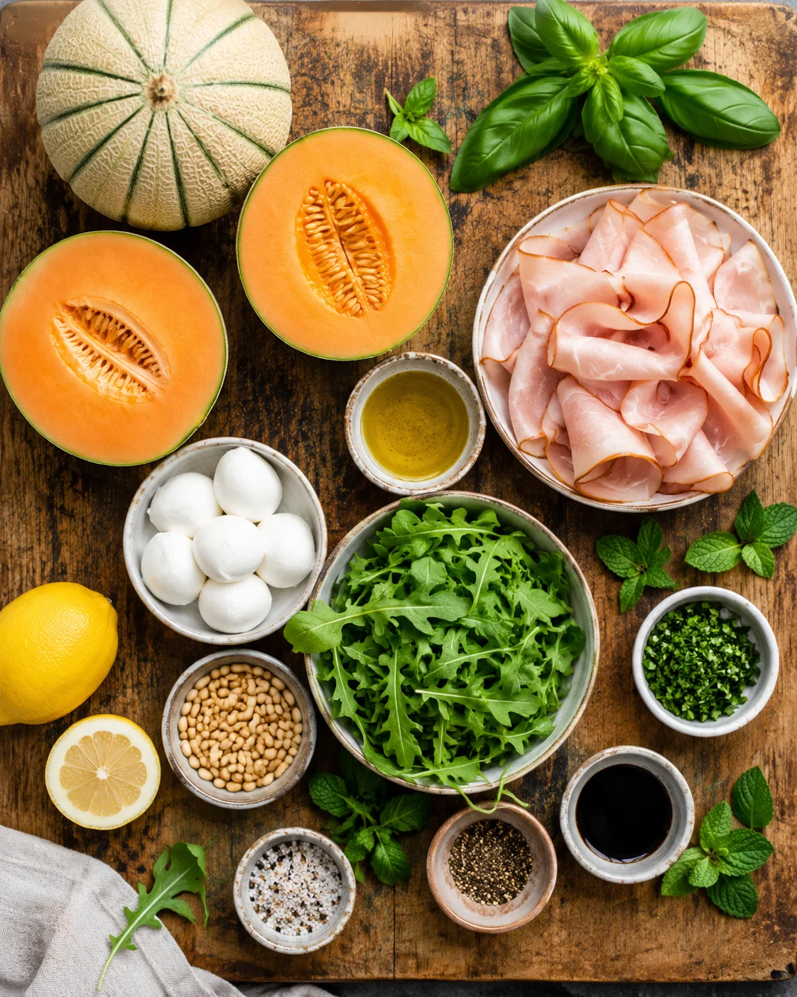 Ingrédients de la Salade Melon Jambon de Dinde Fumé & Mozzarella disposés sur une table en bois