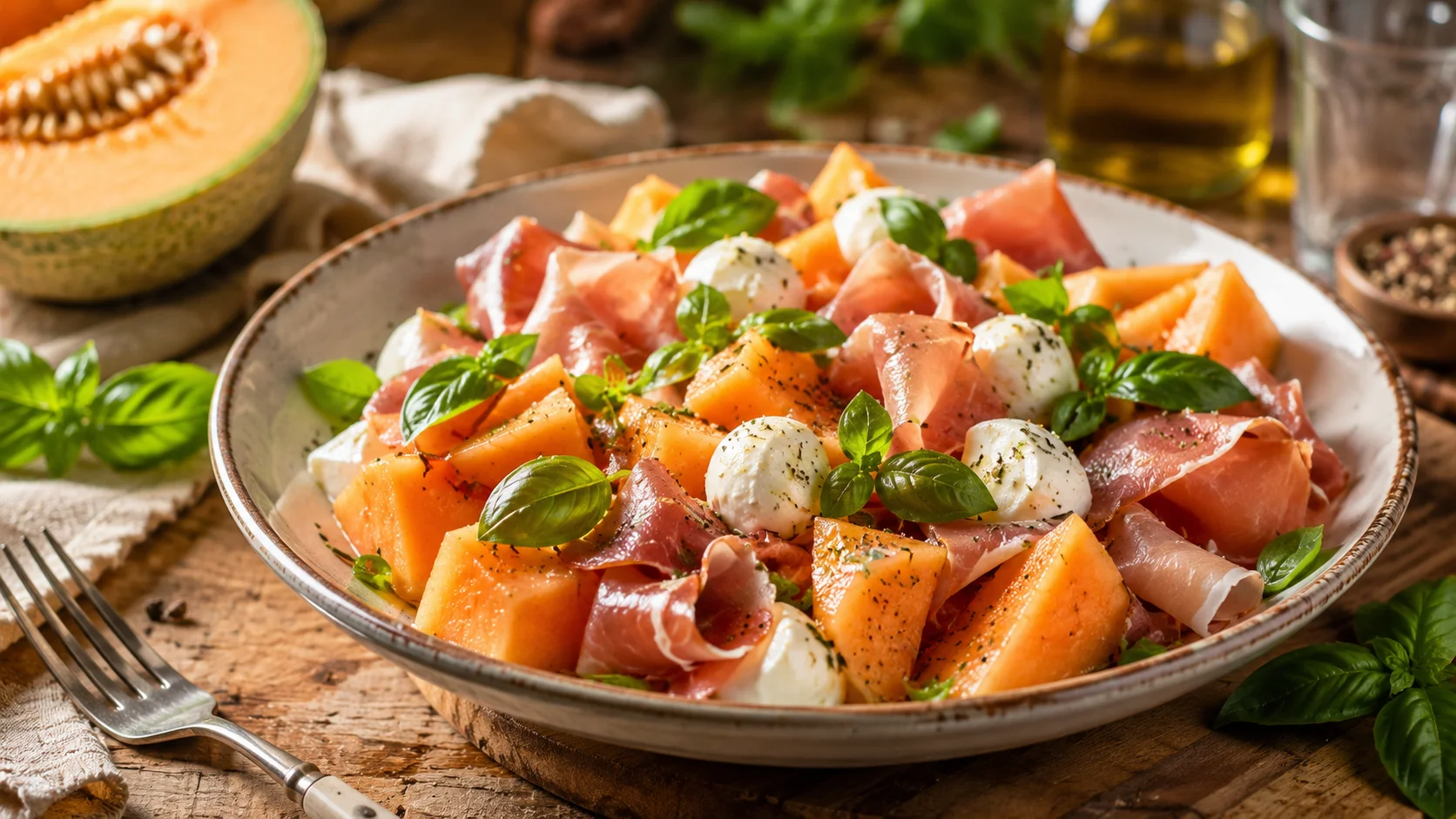 Salade Melon Jambon de Dinde Fumé & Mozzarella recipe
