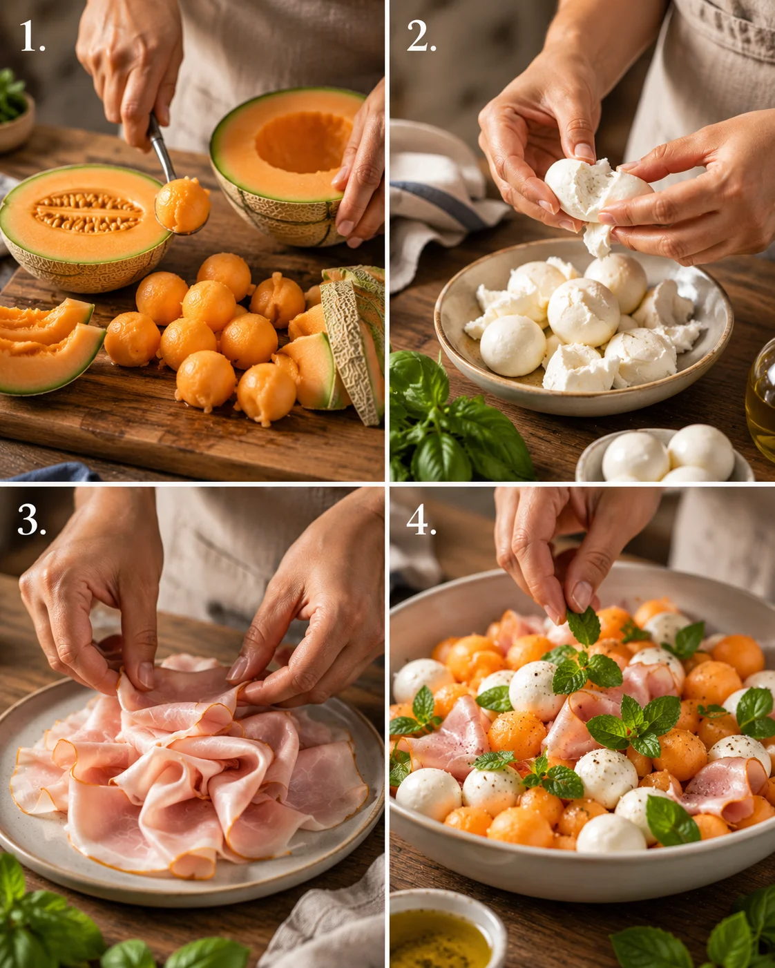 Étapes de préparation de la Salade Melon Jambon de Dinde Fumé & Mozzarella
