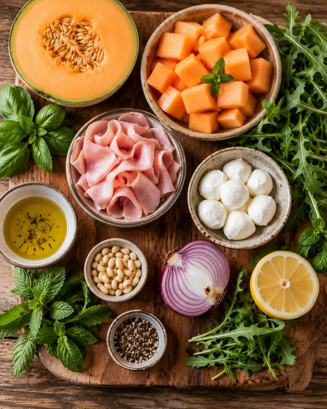 Ingrédients pour la Salade Melon Jambon de Dinde disposés sur un plan de travail en bois