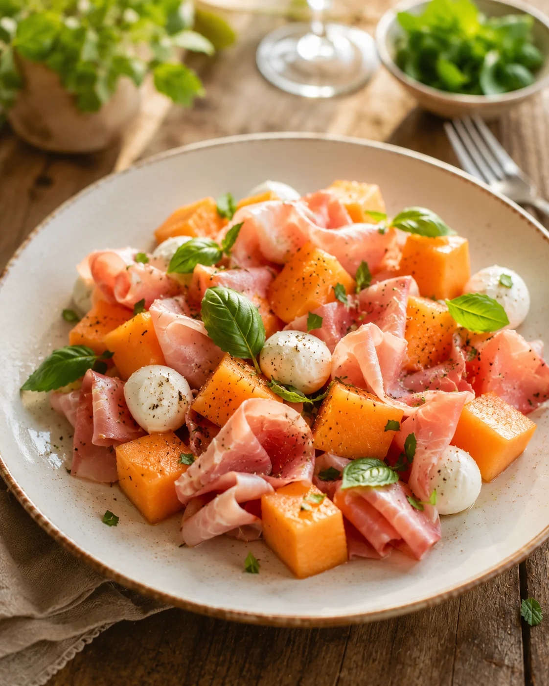 Salade Melon Jambon de Dinde servie dans un grand bol blanc, garnie de feuilles de menthe fraîche