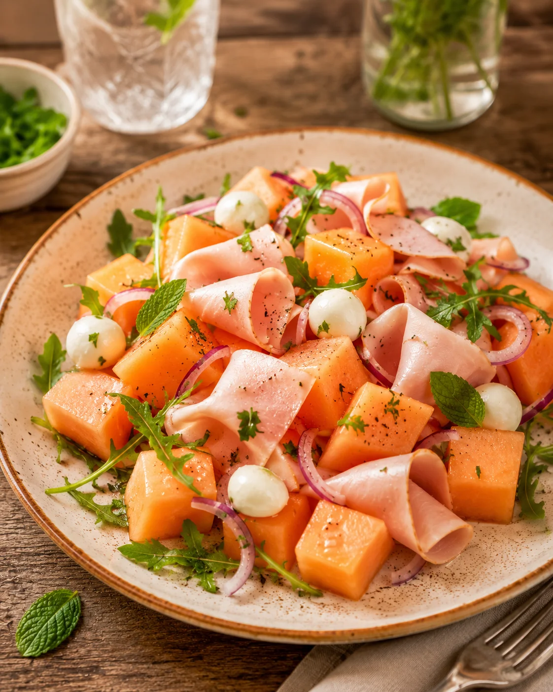 Salade melon jambon de dinde servie dans un grand bol blanc avec de la menthe fraîche
