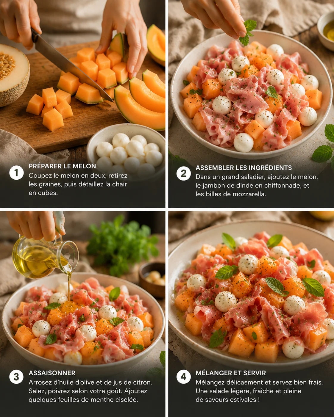 Étapes de préparation de la Salade Melon Jambon de Dinde, découpe du melon en dés