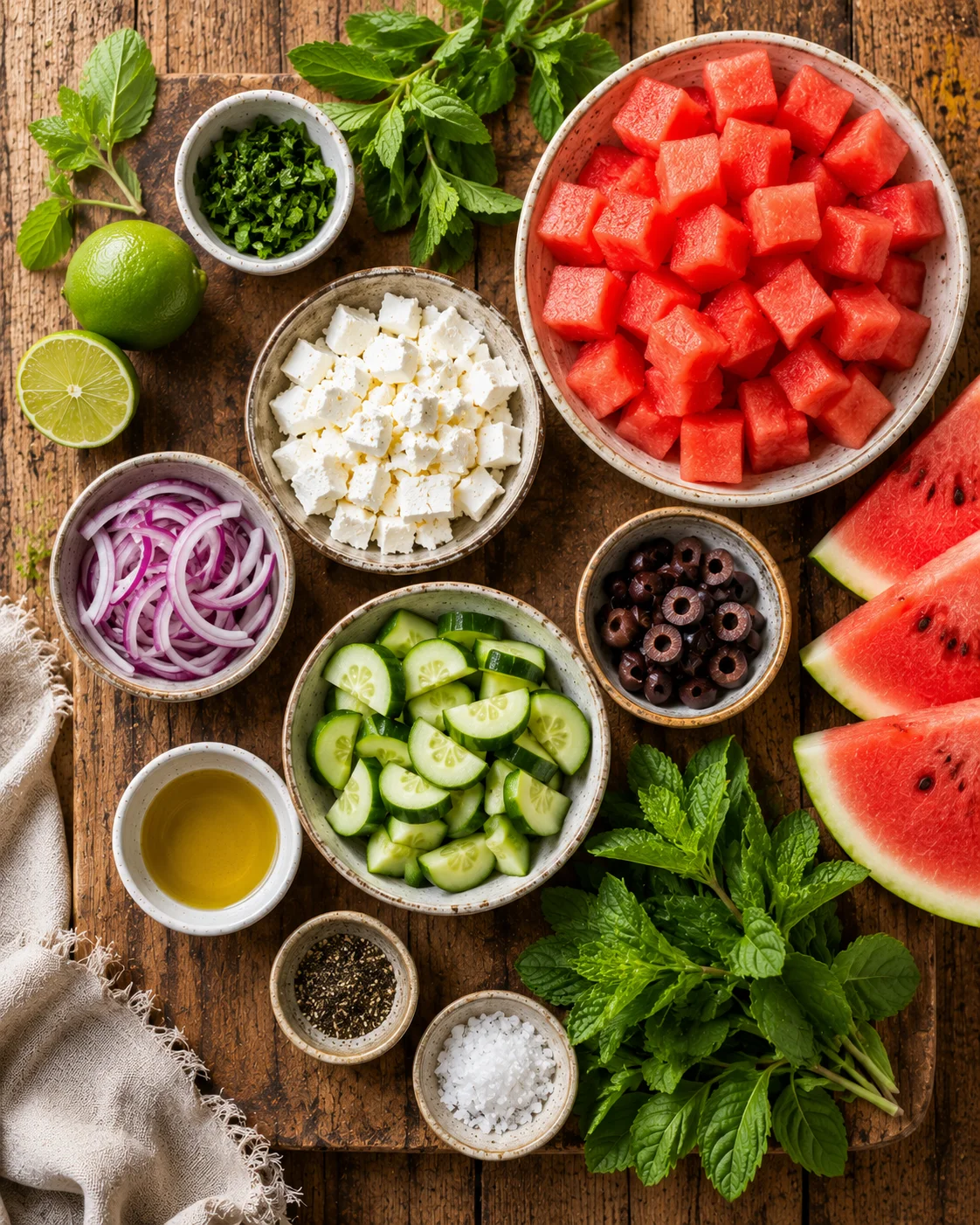 Ingrédients de la salade pastèque feta menthe disposés sur une table en bois