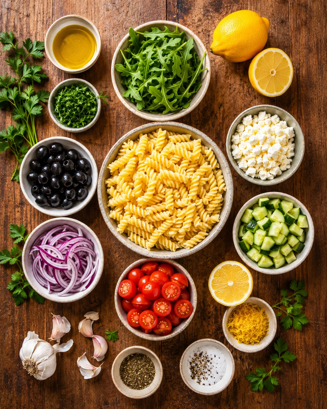 Ingrédients frais pour une salade de pâtes au citron disposés sur un plan de travail en bois