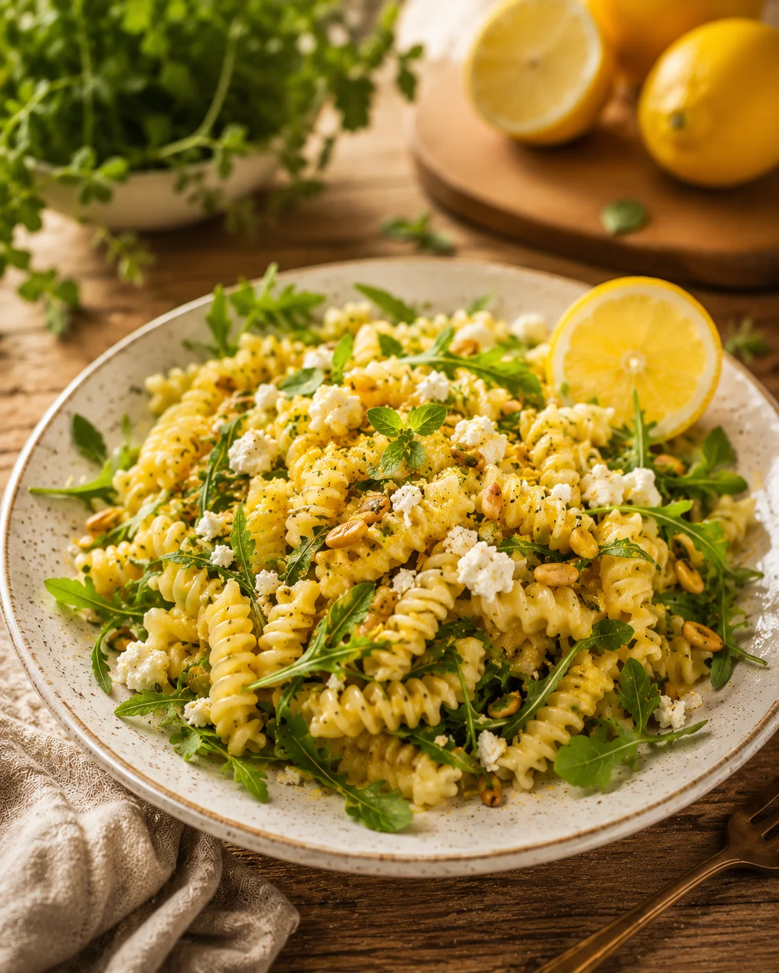 Salade de pâtes au citron servie dans un grand bol blanc avec des herbes fraîches et des tranches de citron