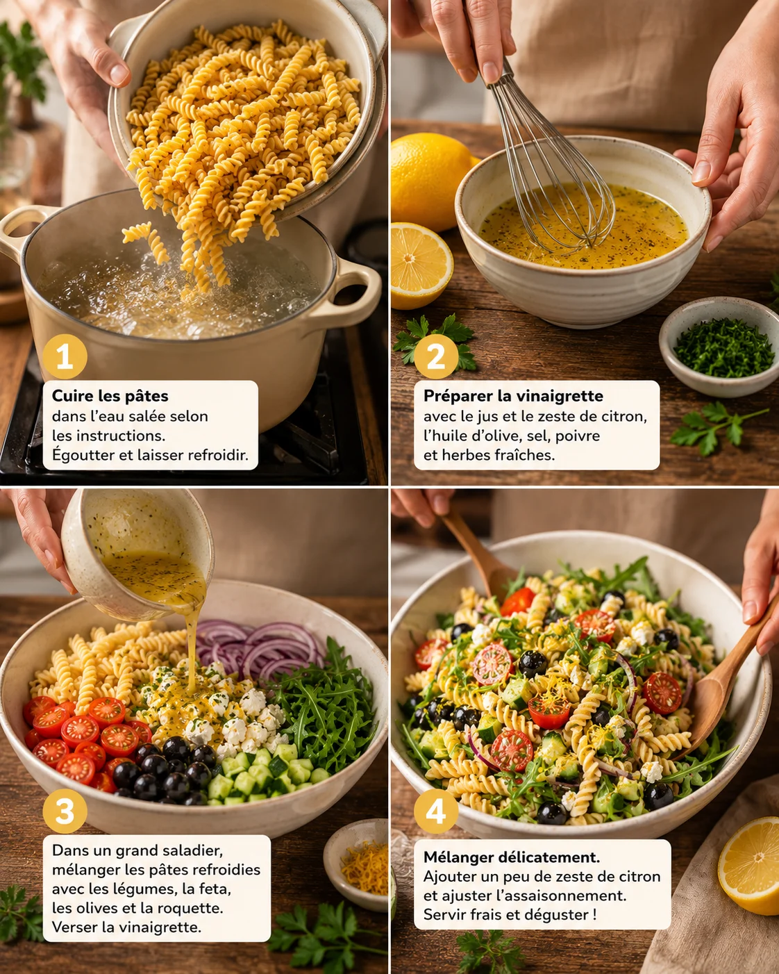 Étapes de préparation de la salade de pâtes au citron, vinaigrette citronnée et légumes frais