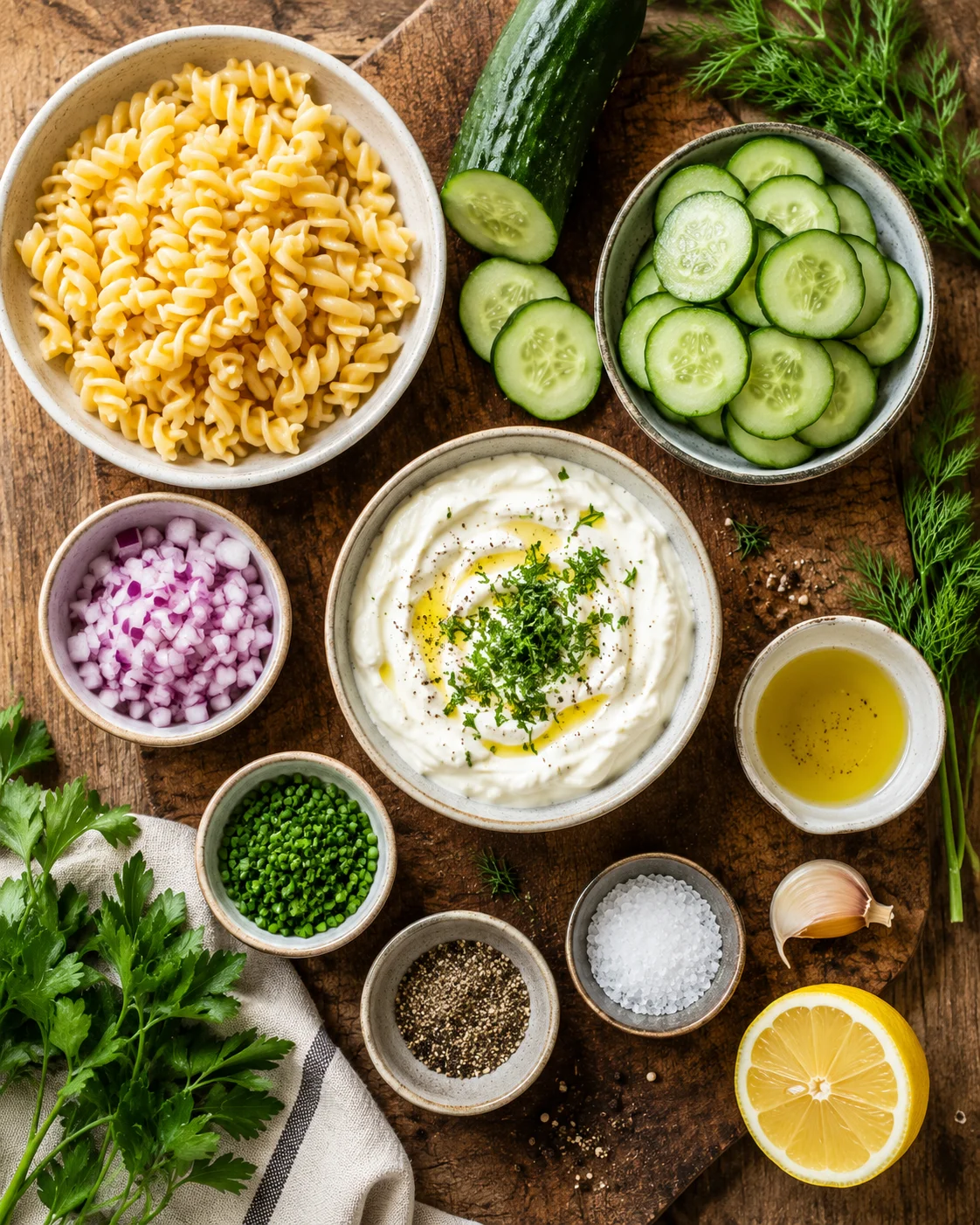 Ingrédients pour salade pâtes crémeuse concombre disposés sur une table en bois